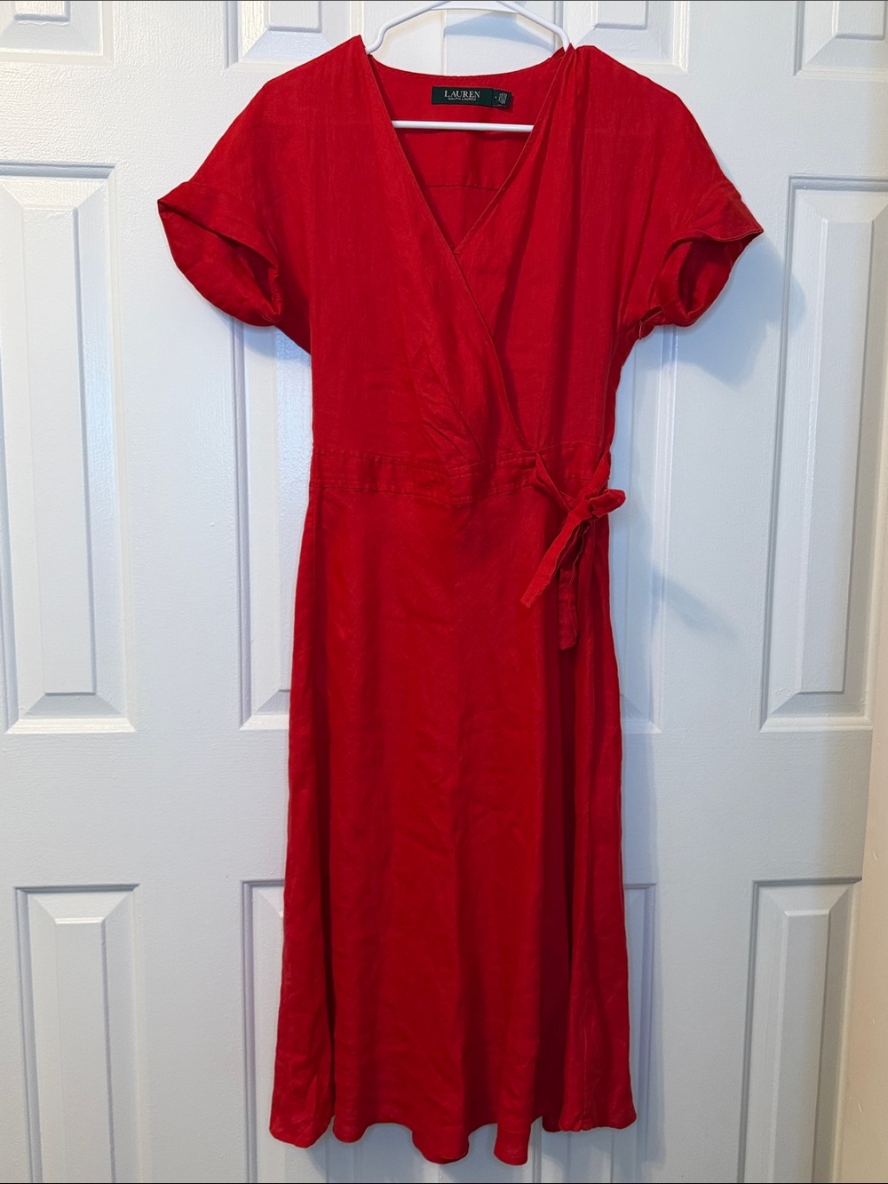 Lauren Ralph Lauren 100% Linen Red Short Sleeve Wrap Dress Size 4